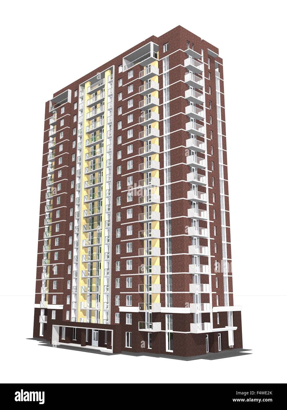 3D-Rendering modernen mehrstöckigen Wohnhauses isoliert auf weiss Stockfoto