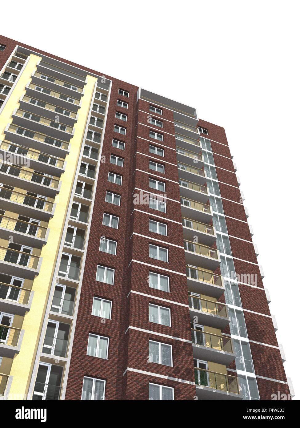 3D-Rendering modernen mehrstöckigen Wohnhauses isoliert auf weiss Stockfoto