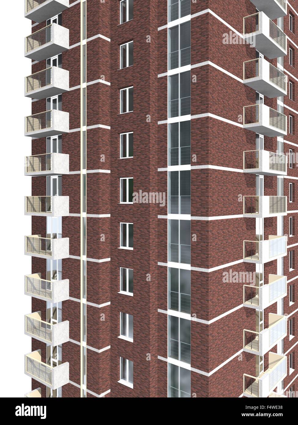 3D-Rendering modernen mehrstöckigen Wohnhauses isoliert auf weiss Stockfoto