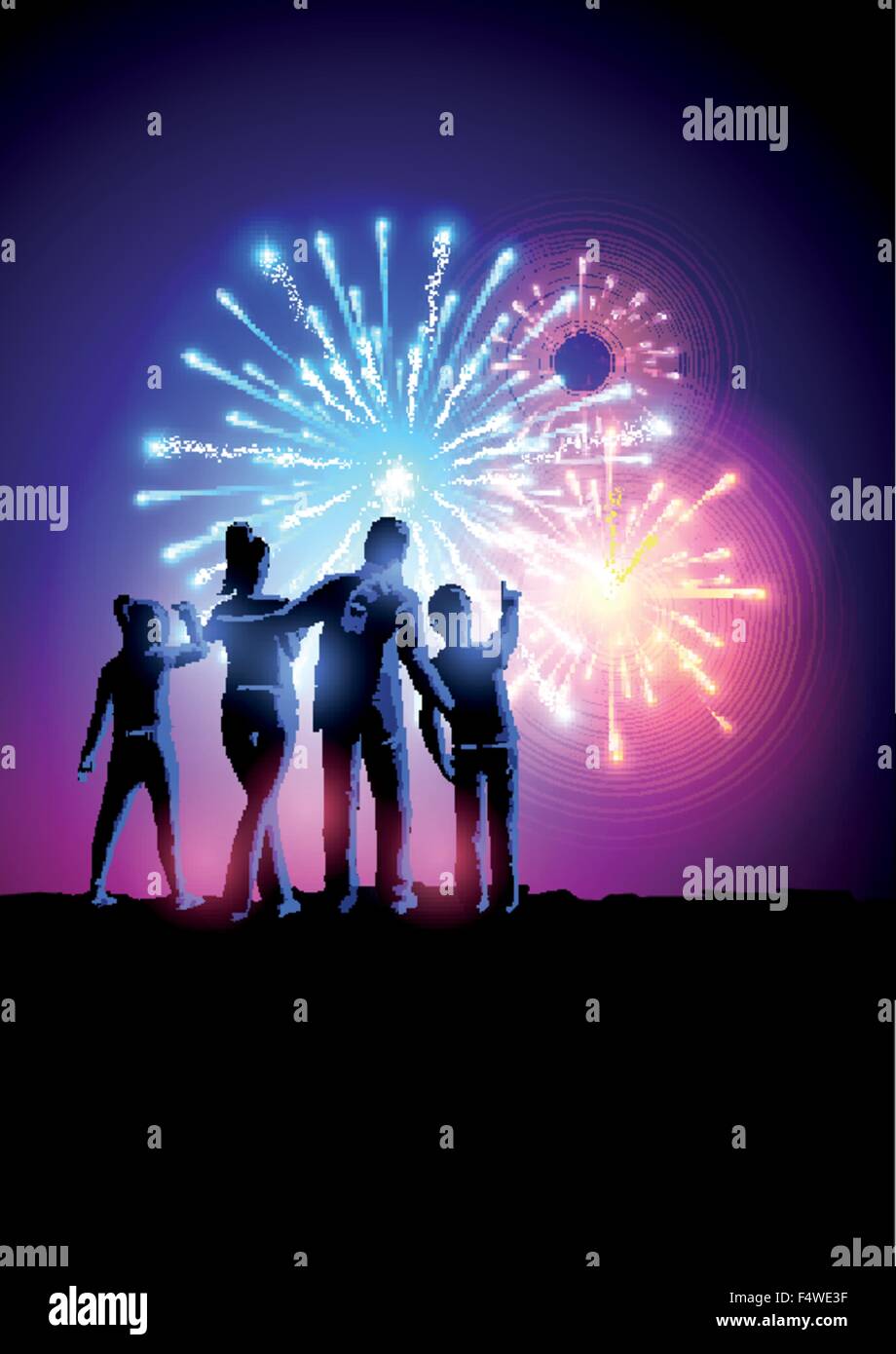 Feuerwerk-Party. Eine glückliche Familie, die gerade ein Feuerwerk anzuzeigen. Vektor-Illustration. Stock Vektor
