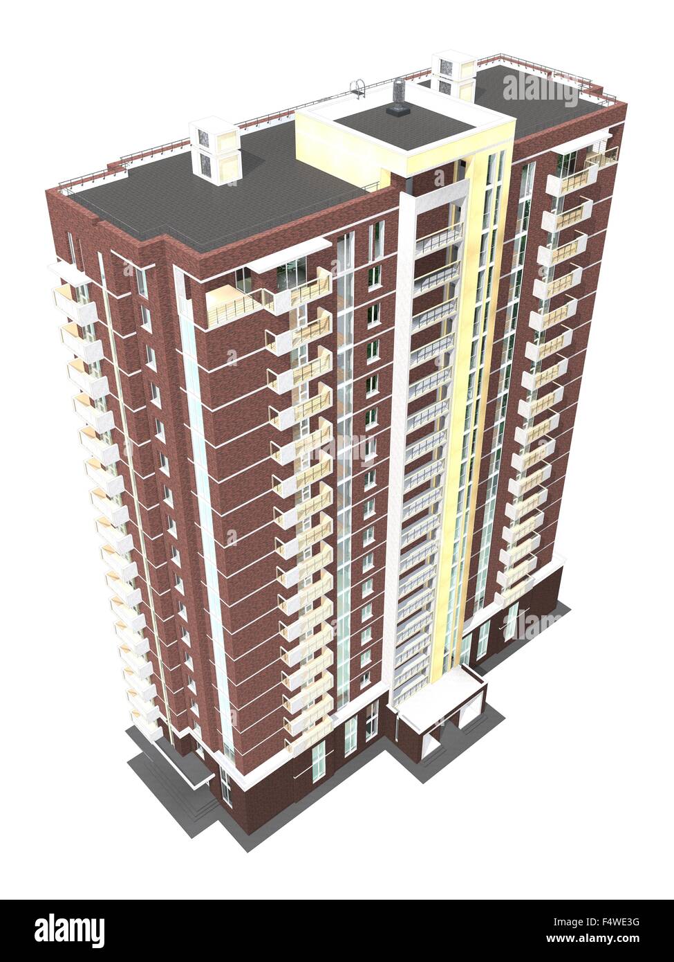 3D-Rendering modernen mehrstöckigen Wohnhauses isoliert auf weiss Stockfoto