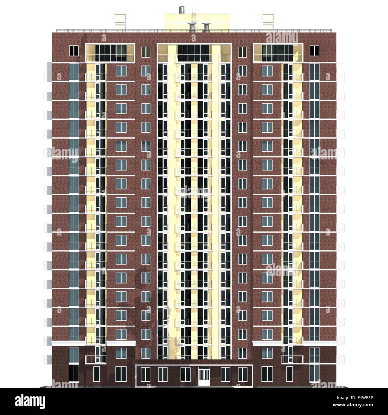 3D-Rendering modernen mehrstöckigen Wohnhauses isoliert auf weiss Stockfoto