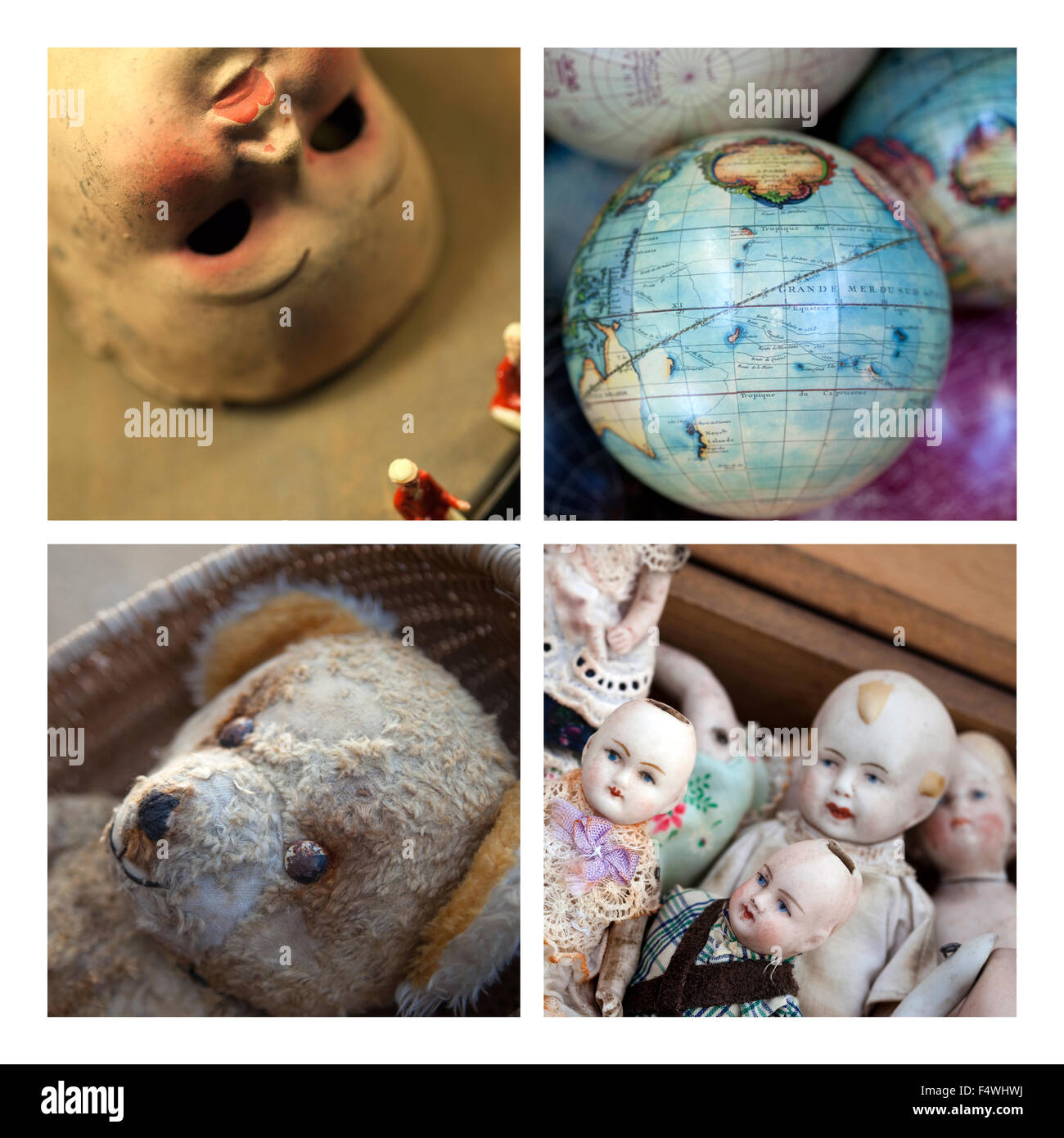 Verwitterte Spielzeug und Puppen auf Flohmarkt Stockfoto