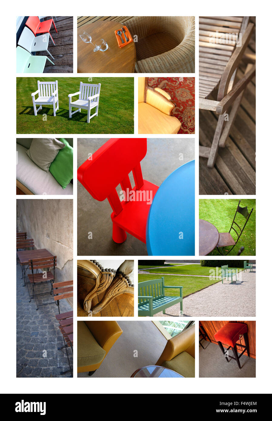 Verschiedene Sitze und Stühle auf einer collage Stockfoto