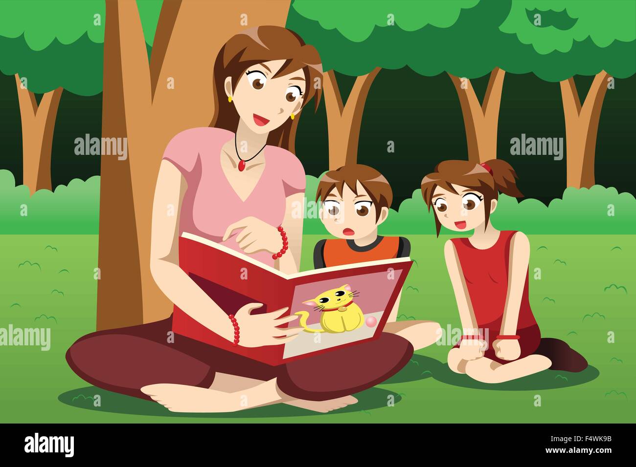 Eine Vektor-Illustration der Lehrer Lesebuch für Vorschul-Kinder im park Stock Vektor