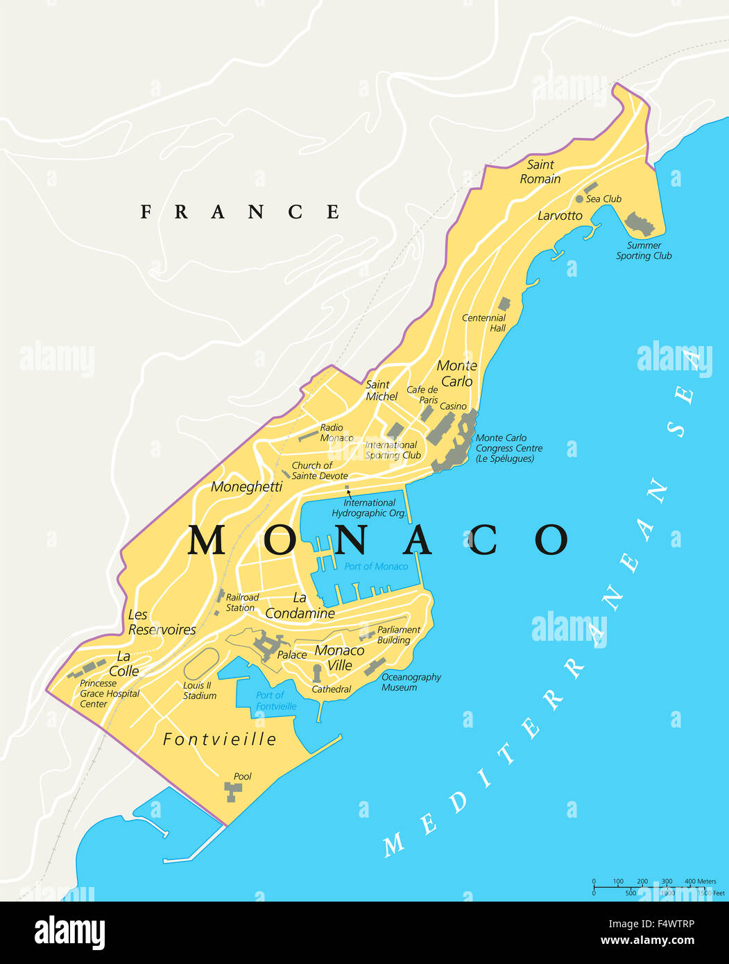 Politische Karte von Monaco. Stadtstaat in der Côte d ' Azur, Frankreich, mit Landesgrenzen, wichtige Gebäude und Sehenswürdigkeiten. Stockfoto