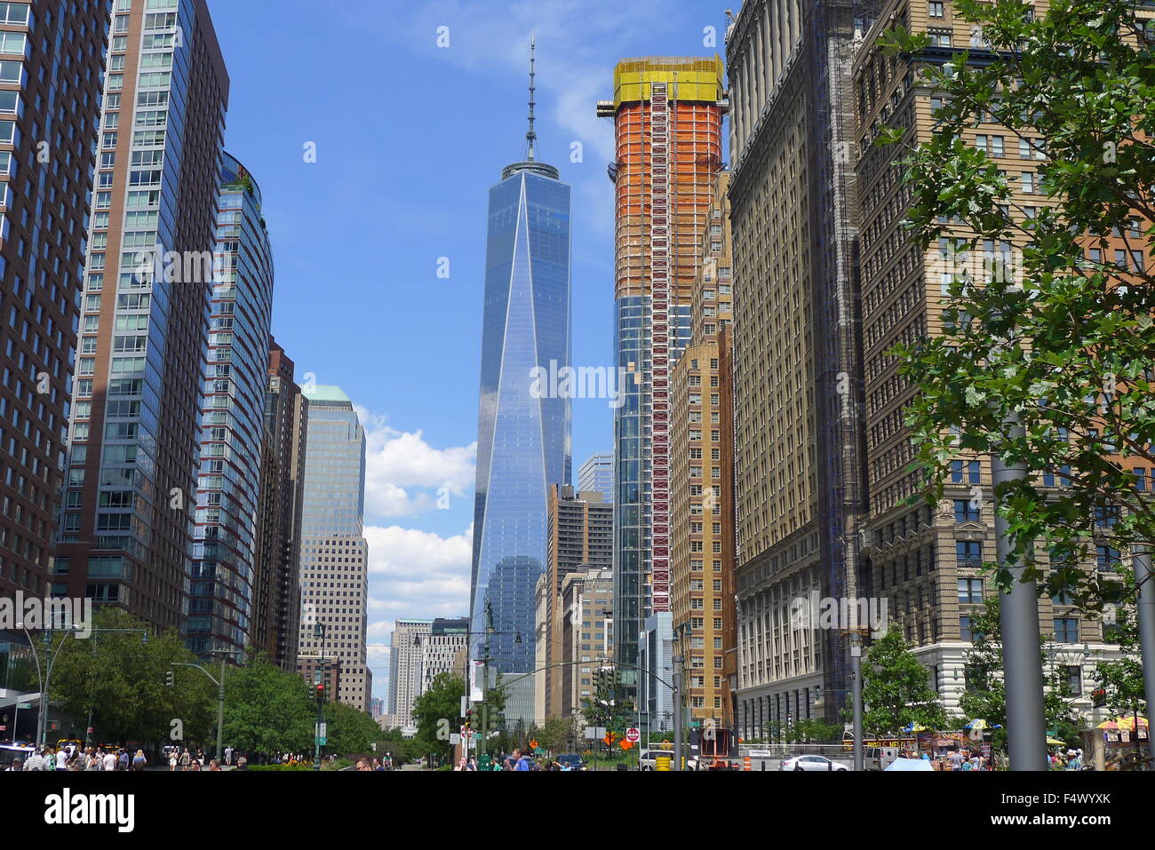 Szene von Wolkenkratzern in Lower Manhattan New York Stockfoto