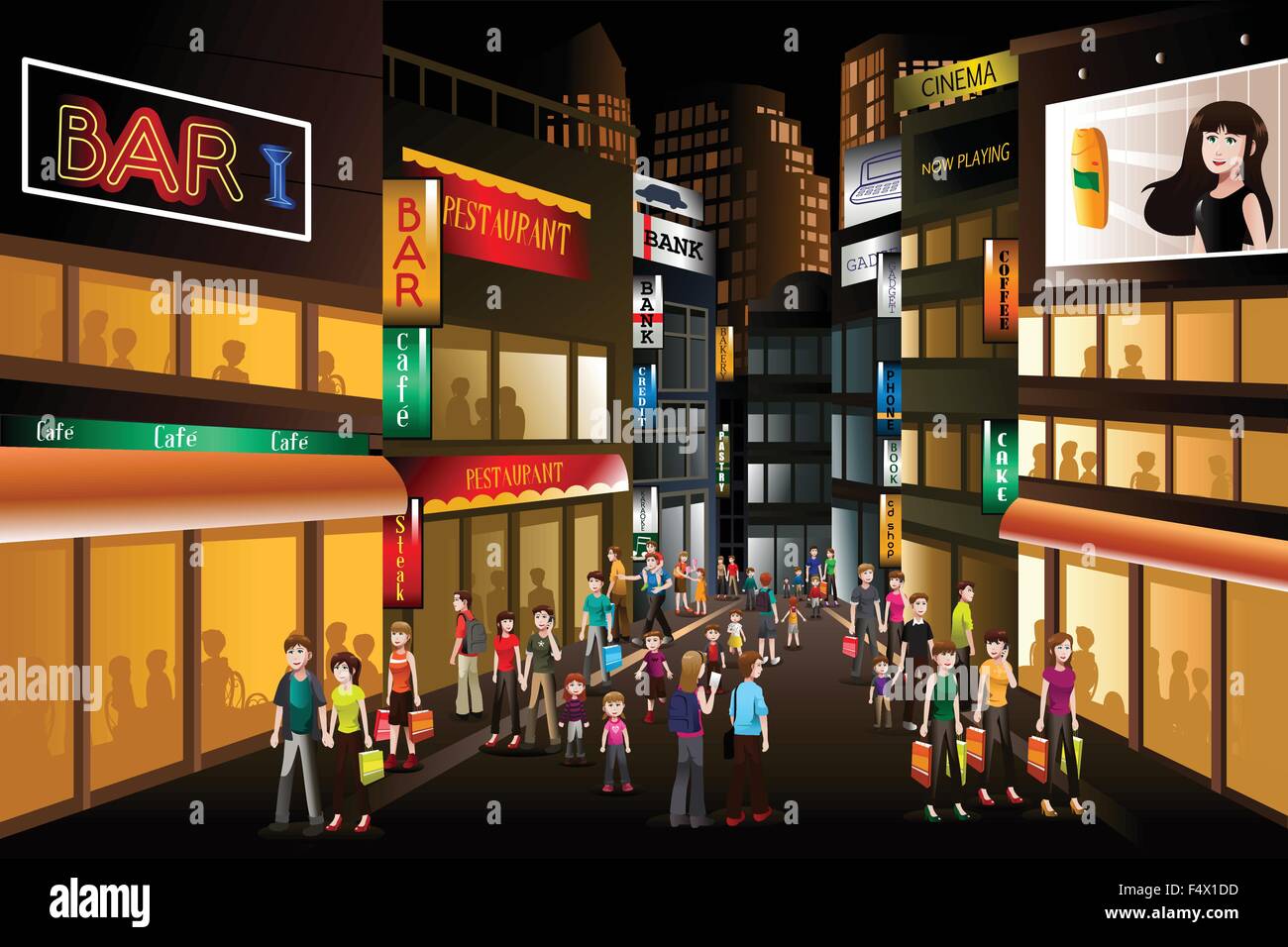 Eine Vektor-Illustration von Menschen, die Einkaufen in einer belebten Innenstadt entfernt in der Nacht Stock Vektor