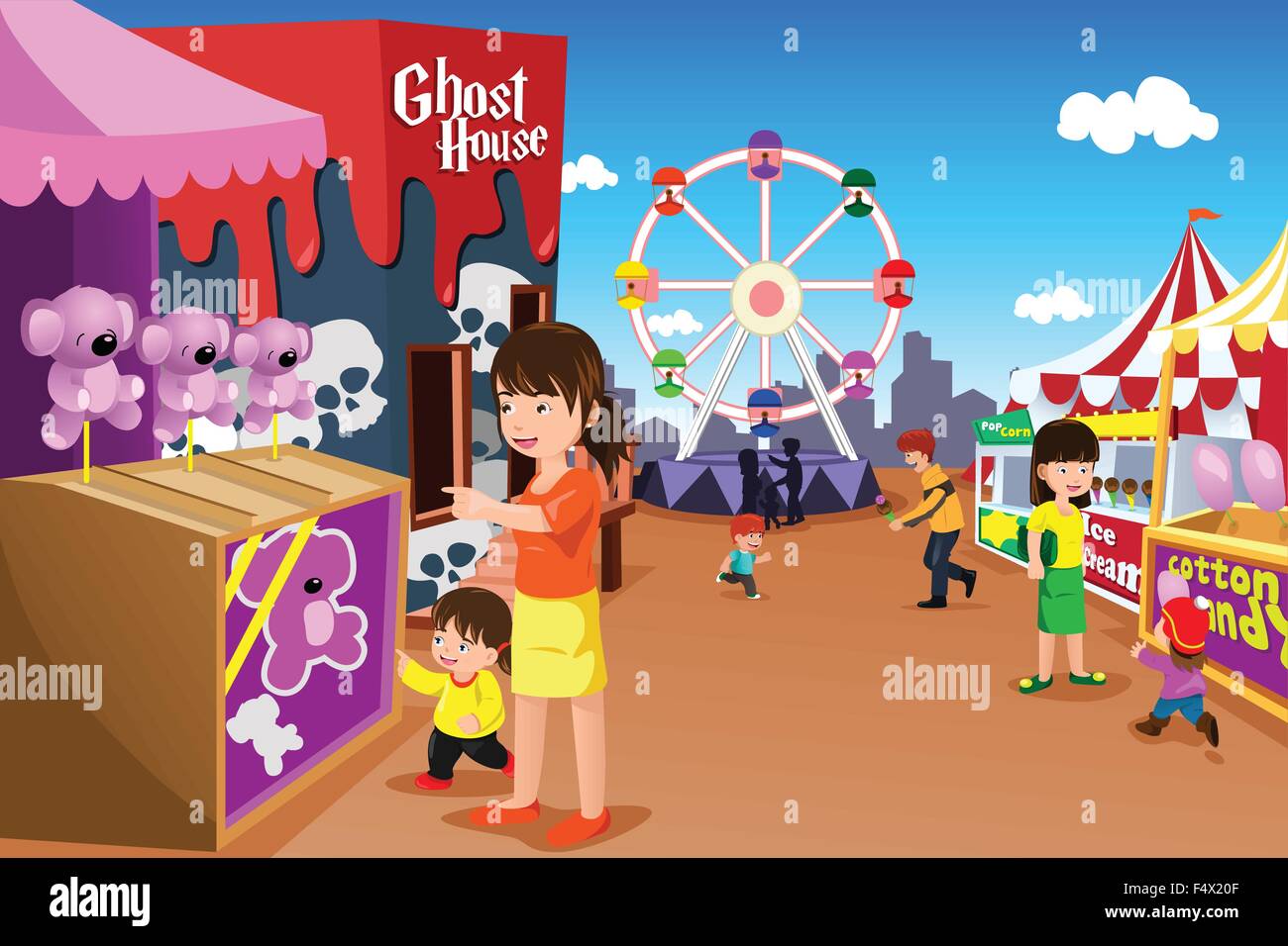 Eine Vektor-Illustration von Kindern und Eltern Spaß im Freizeitpark Stock Vektor