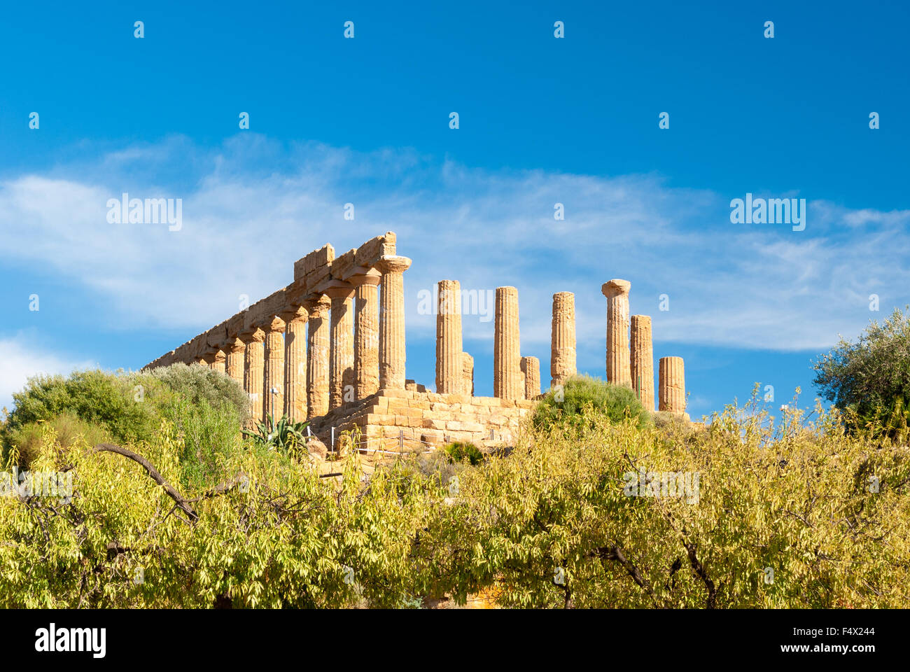 Der griechische Tempel der Juno hinter Mandelbäume im Tal der Tempel von Agrigent Stockfoto