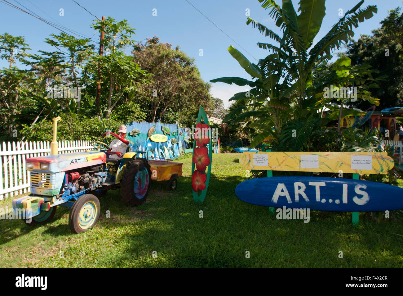 Kunst, Surfbrett Friedhof Stück Himmel für künstlerische Gemälde auf Defekte und alte Autos und Fronlader. Haleiwa Nordküste Oahu Hawaii Stockfoto