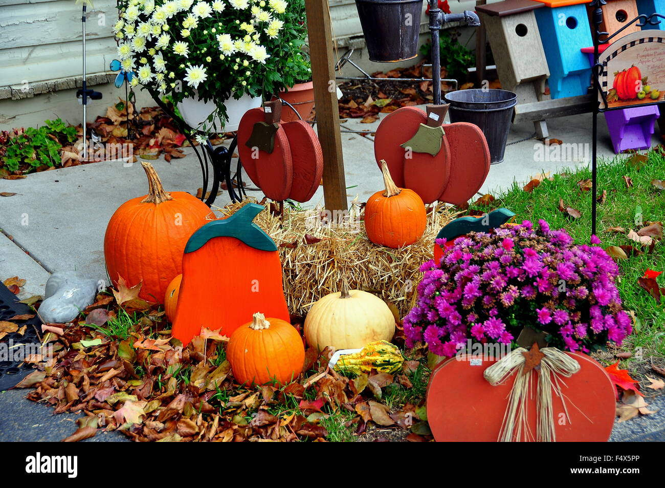 Vogel-in-Hand, Pennsylvania: herbstliche Dekorationen wie Kürbisse und Chrysanthemen mit handgefertigten amische Produkte Stockfoto