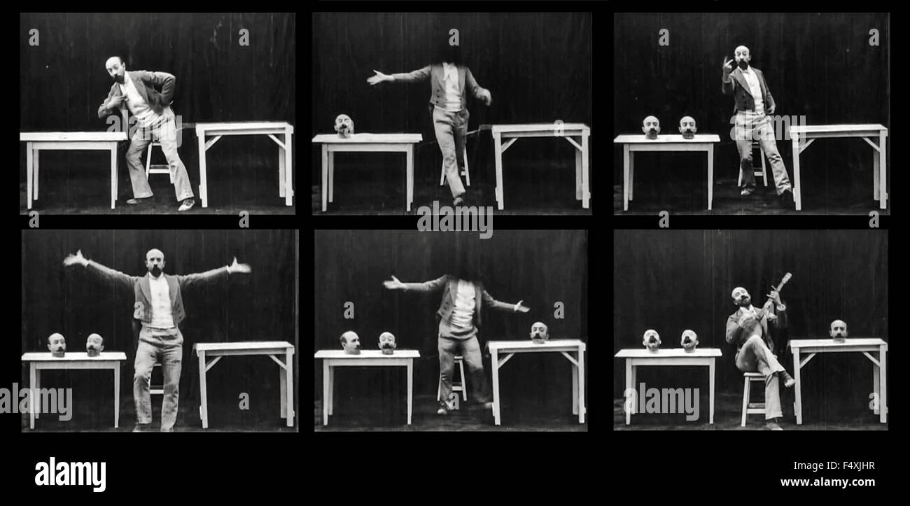 Montage von un Homme de Têtes ("die vier lästigen Heads") Stummfilm im Jahre 1898 Darsteller veröffentlicht und unter der Regie von Georges Méliès (1861-1938). In diesem kurzen Méliès experimentiert mit Spezialeffekten in der Kamera mittels Doppelbelichtung Überlagerung; es ihm ermöglicht, seinen Kopf 3 Mal entfernen und dafür dann beitreten ihm in Lied, während er ein Banjo spielt. Stockfoto