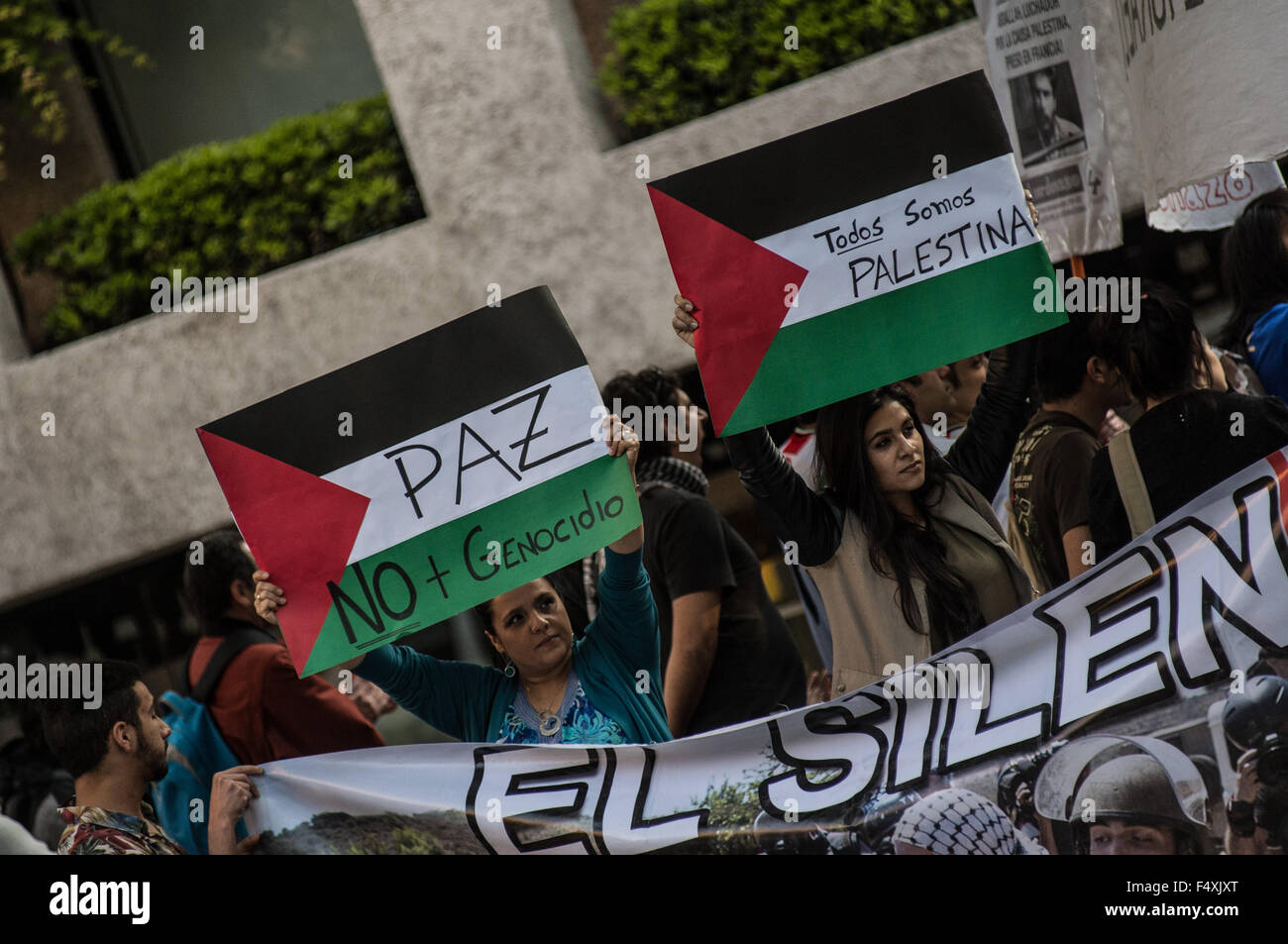 Santiago, Chile. 23. Oktober 2015. Menschen halten Plakate während einer Demonstration zur Unterstützung des Volkes von Palästina, in Santiago de Chile, Hauptstadt von Chile, am 23. Oktober 2015 statt. Bildnachweis: Jorge Villegas/Xinhua/Alamy Live-Nachrichten Stockfoto