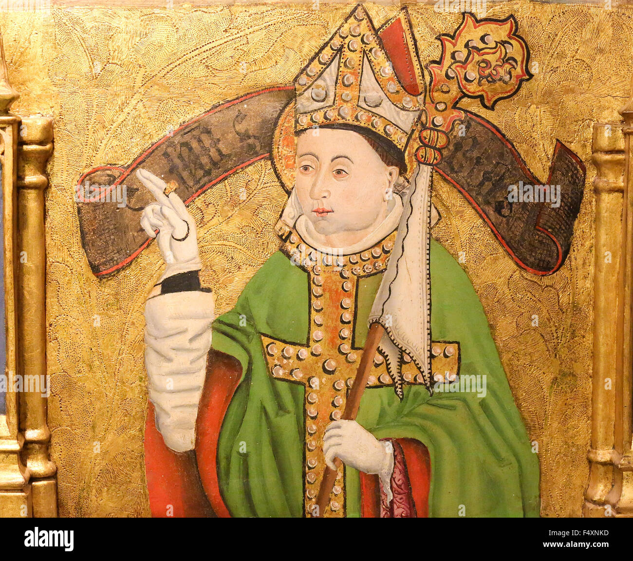 Gemälde eines Bischofs mit Mitra und Bischofsstab in der Kathedrale von Burgos, Kastilien, Spanien Stockfoto