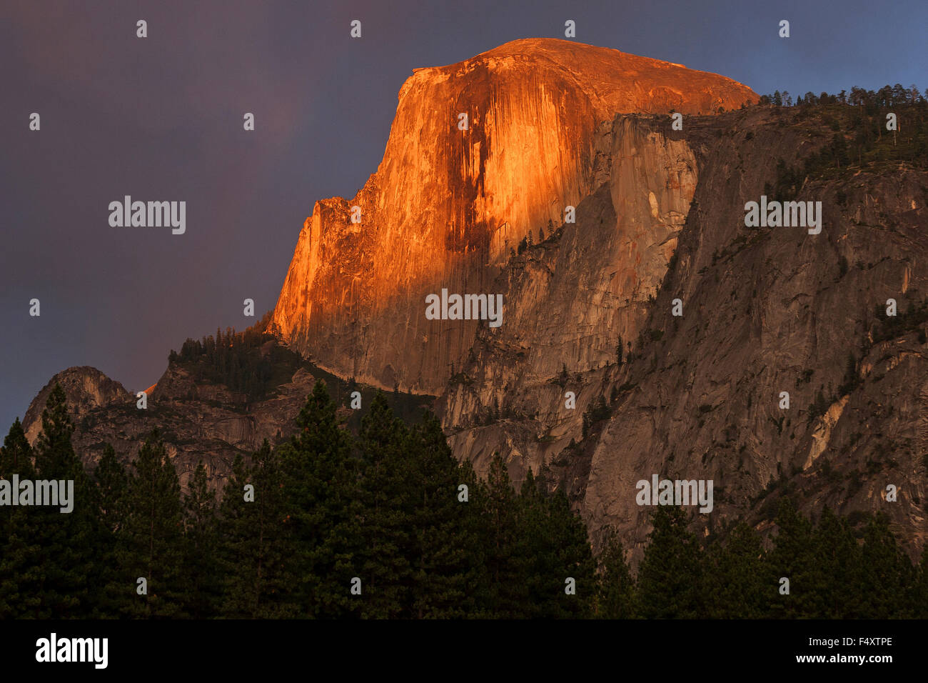 Half Dome von Einstellung Sonne beschienen Abendlicht, stürmische Stimmung, Yosemite-Nationalpark, USA Stockfoto
