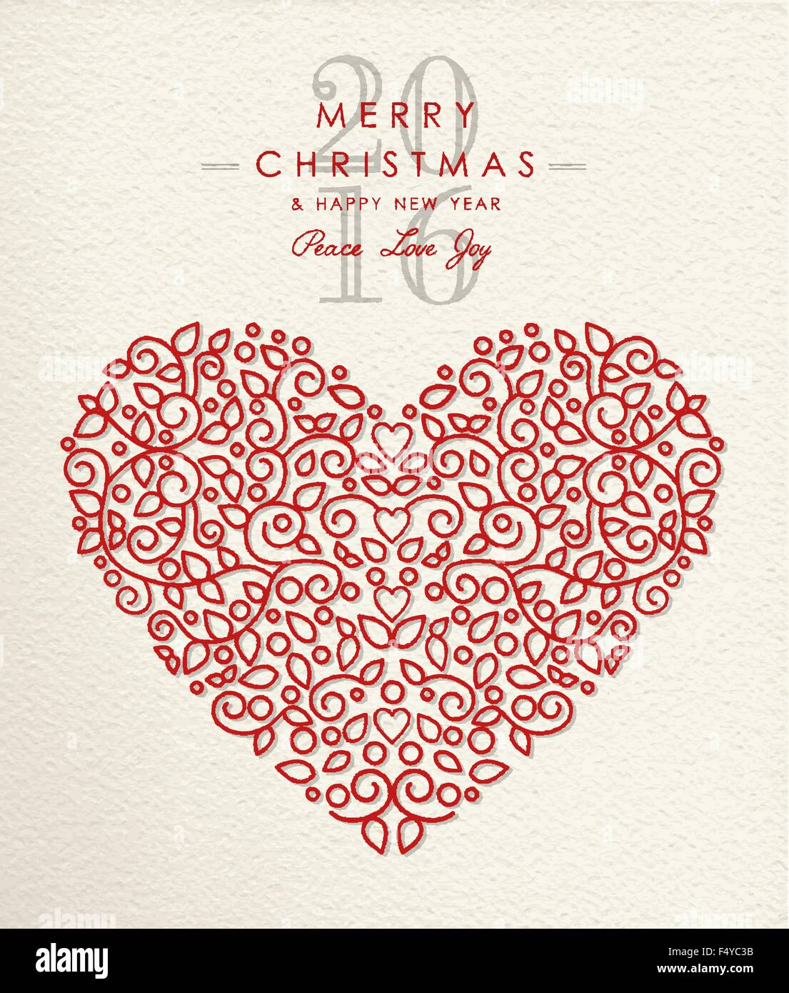 Frohe Weihnachten Frohes neues Jahr 2016 Herzform in Ornament umreißen Stil, Ferien-Liebe-Design. Ideal für Weihnachts-Grußkarte. Stock Vektor