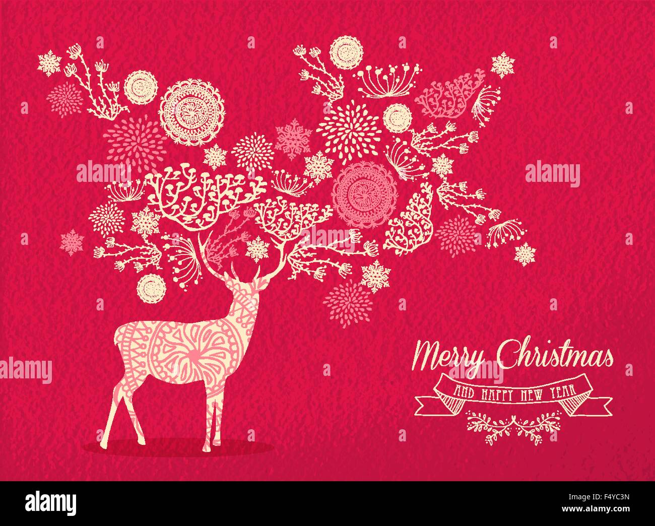 Frohe Weihnachten, frohes neues Jahr Hirsche auf rot Texturen Hintergrund mit Elementen der Natur und Label zu entwerfen. Ideal für Urlaubsgrüße Stock Vektor