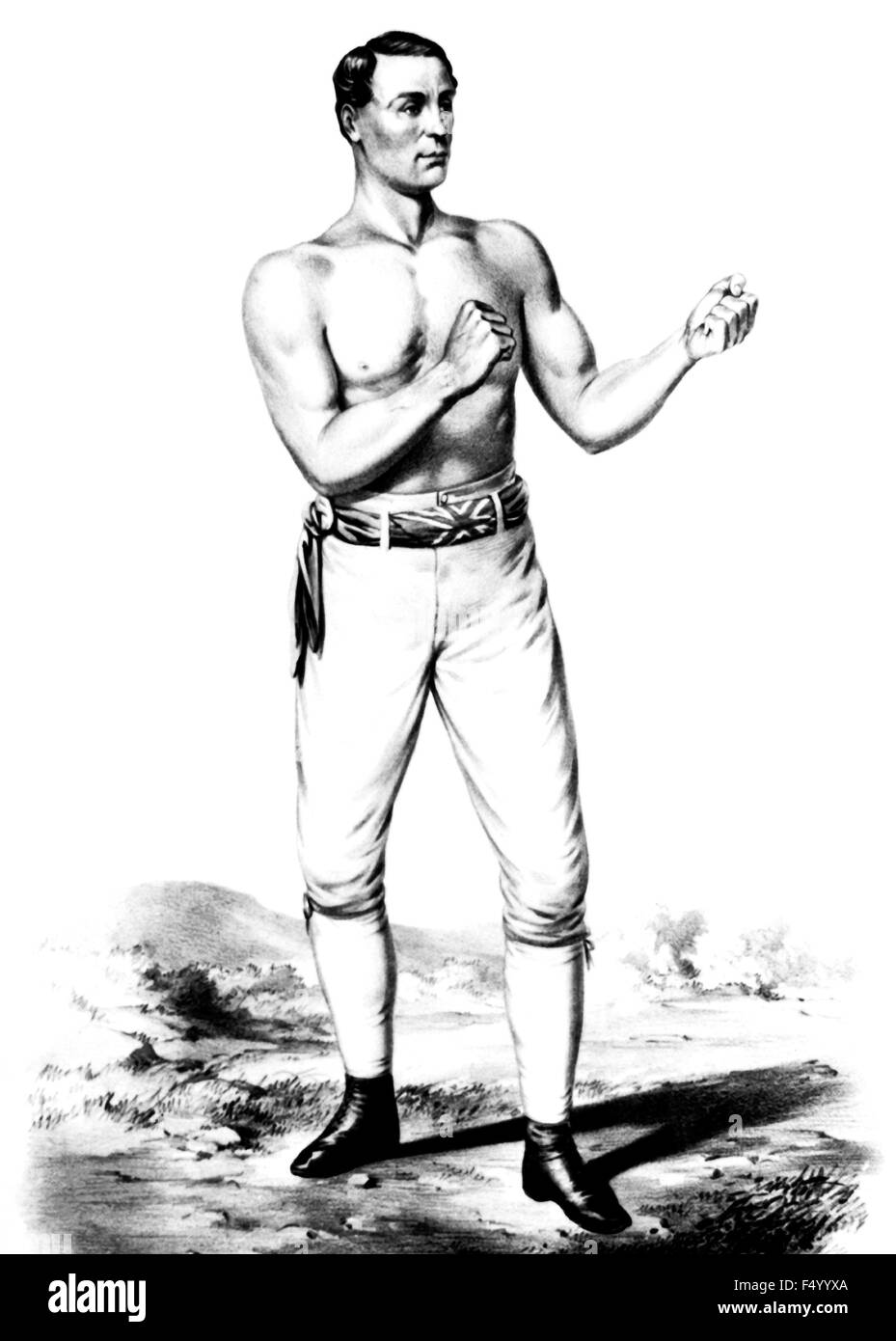 Vintage Porträt Druck der englischen bloßen Fäusten Boxer Tom Sayers (1826-1865). Sayers, geboren in Brighton, Sussex, hatte seinen ersten professionellen Kampf im Jahre 1849 und beansprucht den Titel der Meister von England im Jahre 1857 durch das Besiegen von William "The Tipton Slasher" Perry. Er verteidigte den Titel viermal, bevor bekanntlich auf American Champion John C Heenan (1834-1873), wobei den Spitznamen "The Benicia Boy", in was gilt als die erste jemals "Weltmeisterschaft" Kampf am Farnborough, Hampshire, England, am 17. April 1860 - einen Kampf, der nach 42 Runden in einem Unentschieden endete. Stockfoto