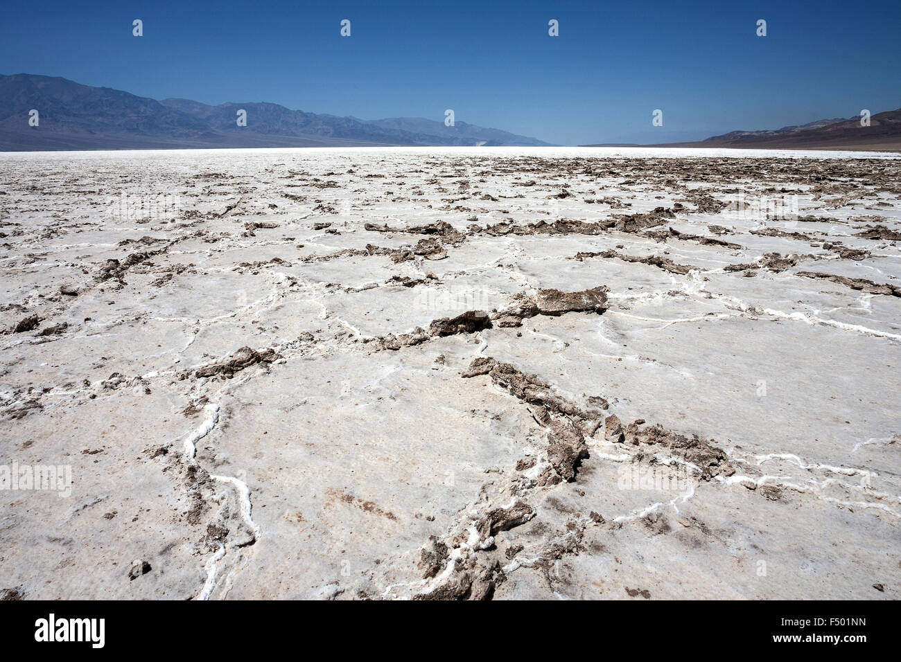 Salzkruste in Badwater Basin Salzpfanne, tiefsten Punkt in Nordamerika, Death Valley, Panamint Range links, schwarze Berge Stockfoto