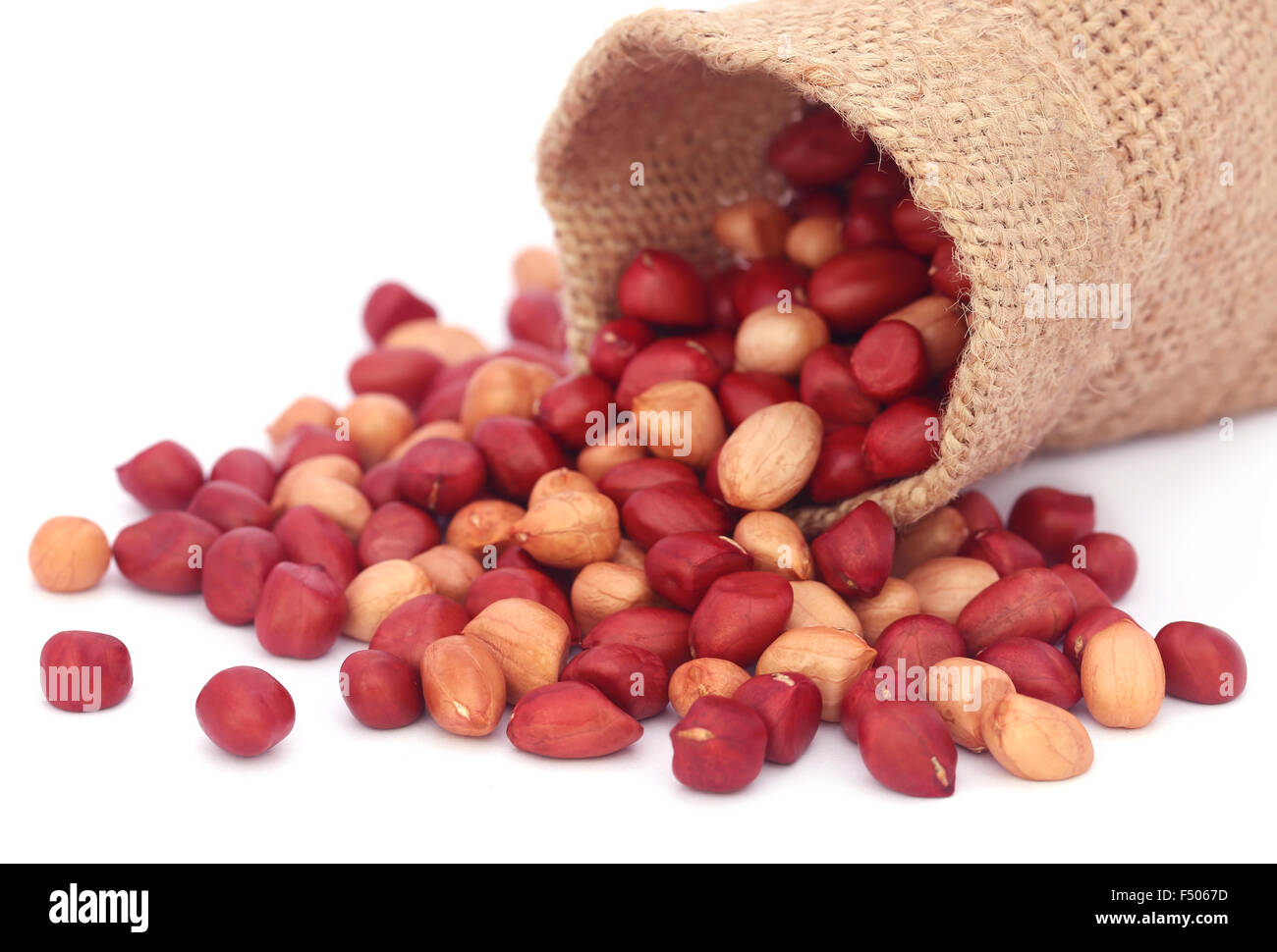 Frische Erdnüsse im Sack auf weißem Hintergrund Stockfoto