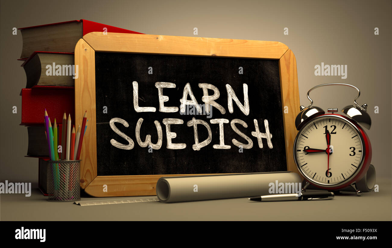 Lerne Schwedisch - Tafel mit inspirierenden Zitat. Stockfoto