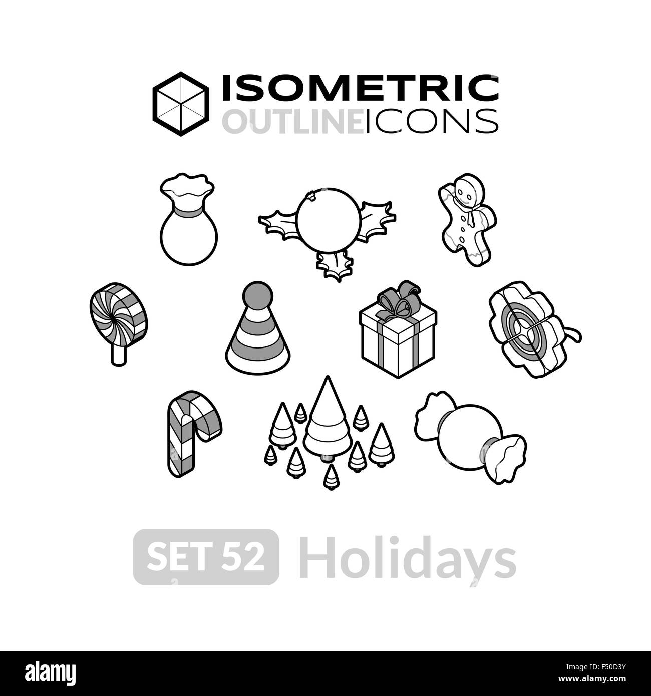 Isometrische Gliederung Symbole einstellen 52 Stock Vektor