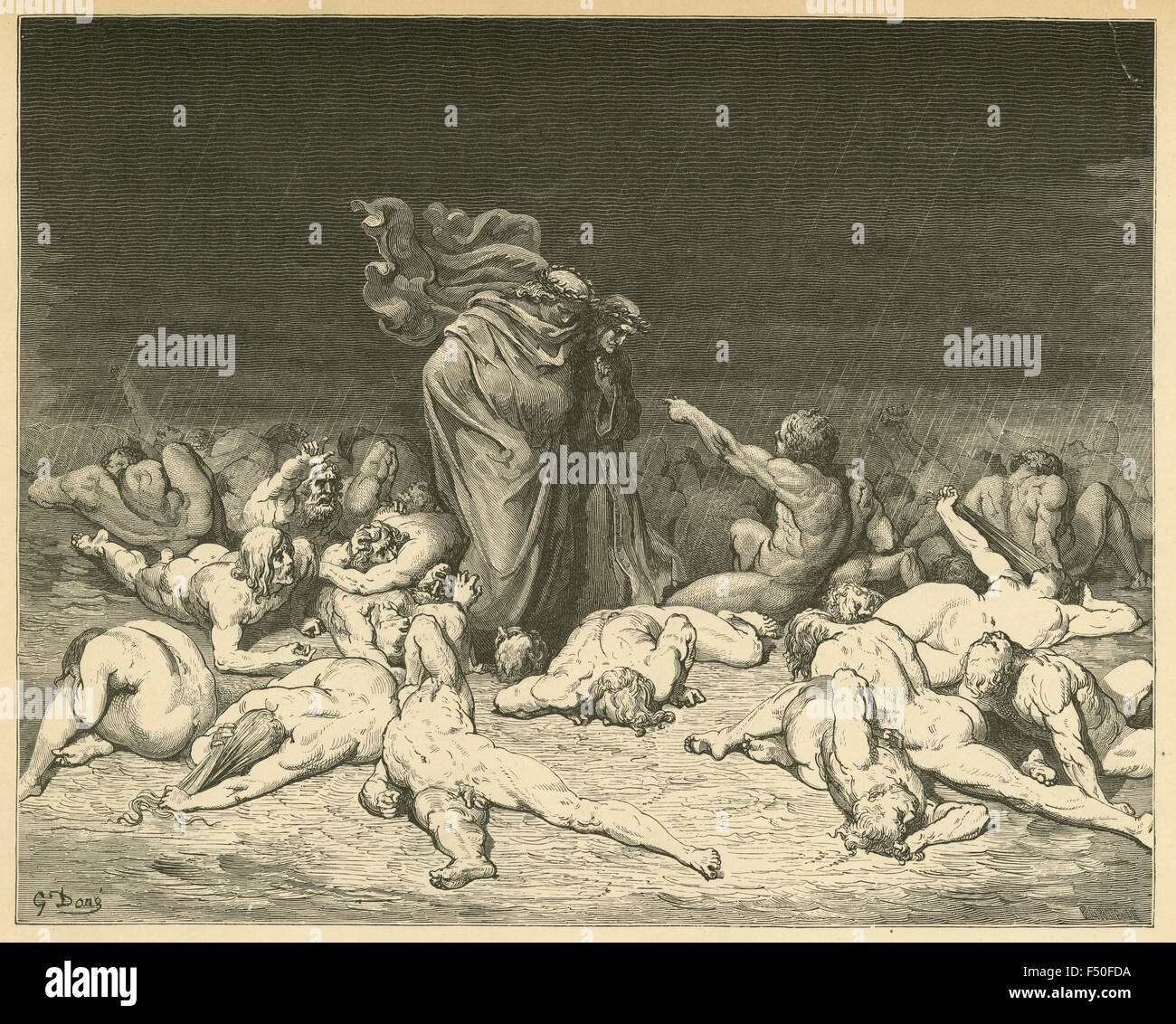 Antike ca. 1890 Gravur, Dante's Inferno von Gustave Dore, Canto VI Linien 49-52, "deine Stadt Heap würde vor Neid bis zum Rand, Aye, die die Maßnahme überläuft seine Grenzen, hielt mich in bessere Tage. Ihr Bürger nennen mich Ciacco gewohnt waren. " Stockfoto