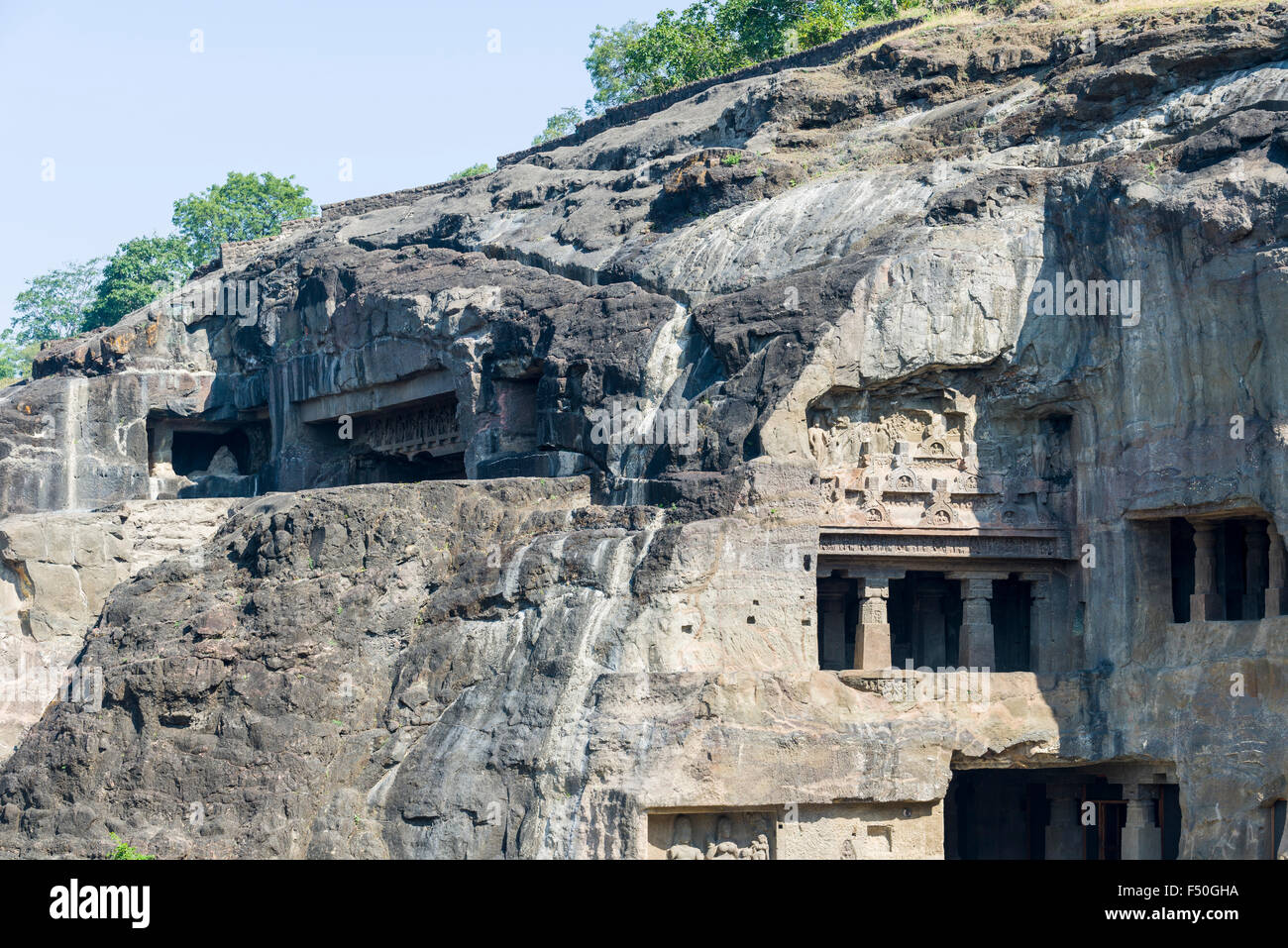 Detail der Höhle 08, eine buddhistische Höhle, in der zum UNESCO-Weltkulturerbe ellora. Alle die Tempel aus massivem Felsen geschnitzt werden Stockfoto