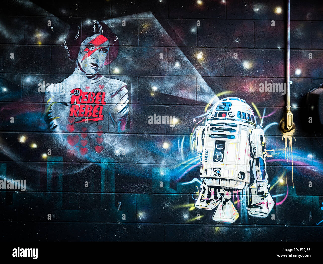 Prinzessin Leia (Carrie Fisher) und David Bowie Street Art Hommage in Austin, Texas. Wandgemälde von Niz @elenizzle Stockfoto