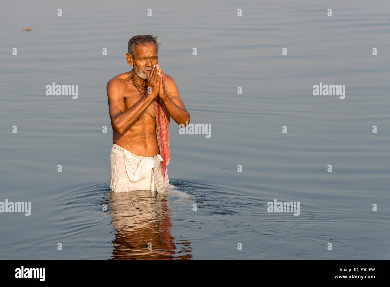 Ein männlicher Pilger, Mann, ist die Badewanne und betet im heiligen Fluss Yamuna Stockfoto