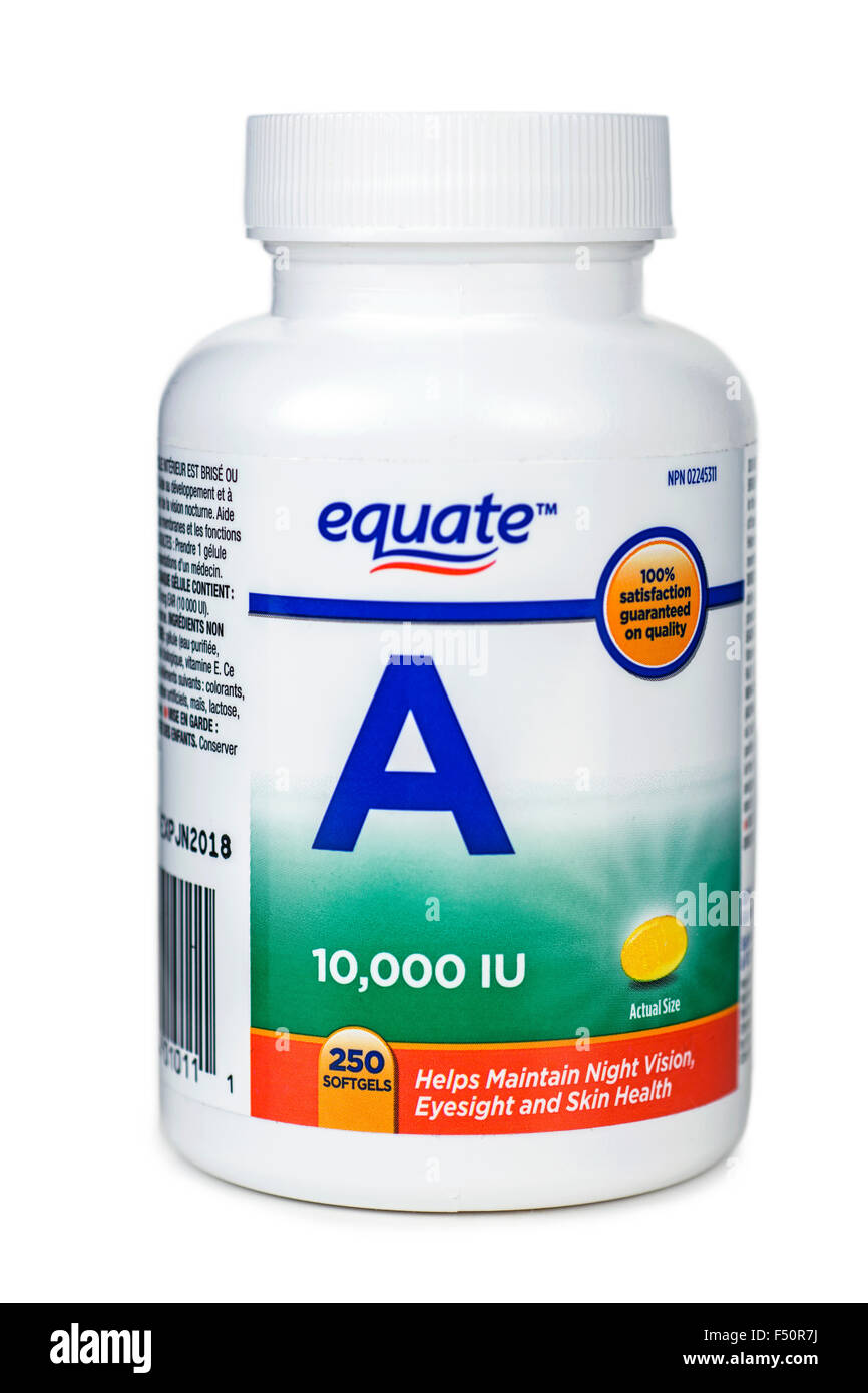 Vitamin-A-Kapseln, Flasche, 10.000 IU aus pflanzlichen Quelle, Leinsamen-Öl Stockfoto