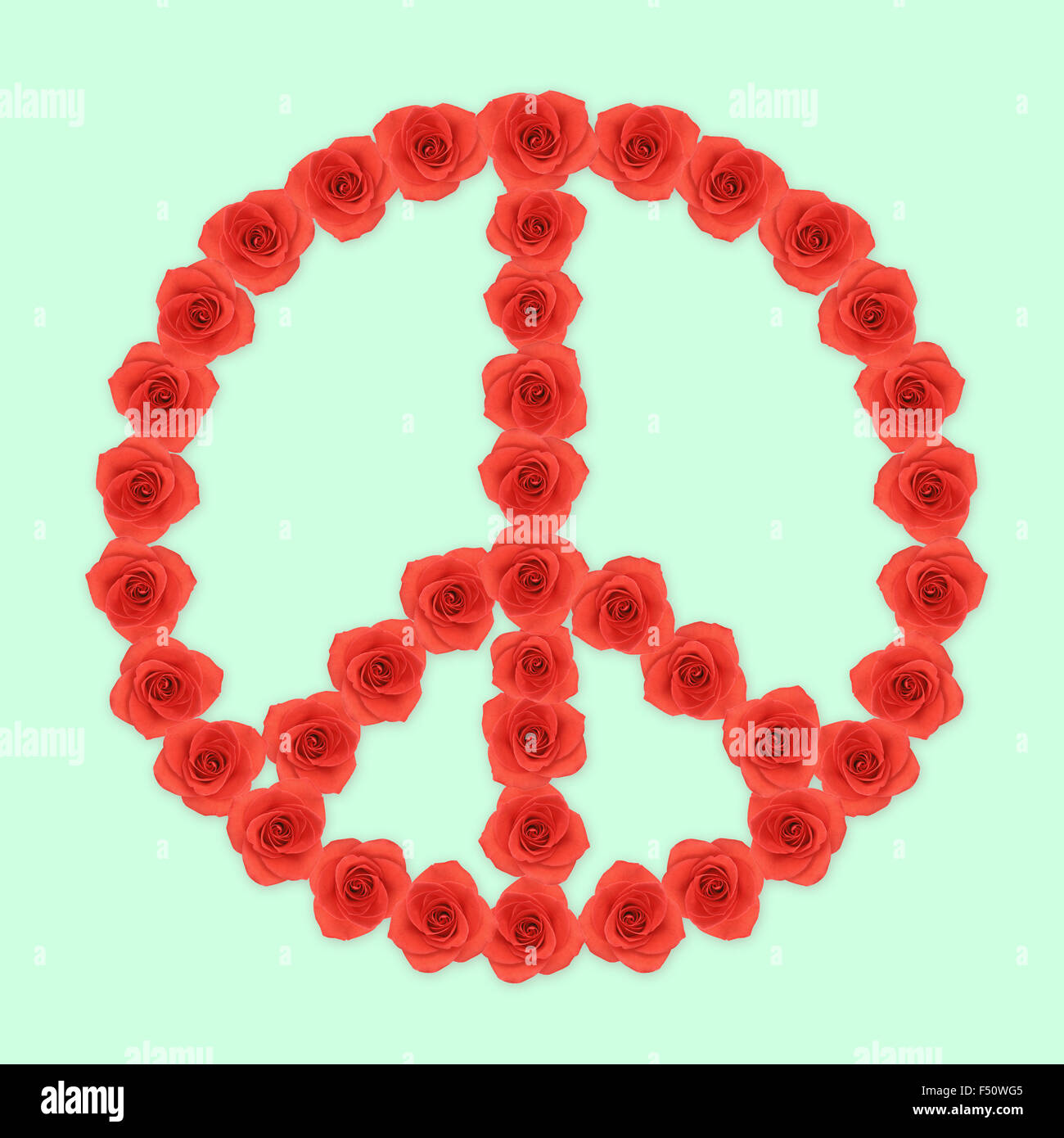 Frieden Form rote Rosenblüten auf Minze grün Hintergrund Stockfoto