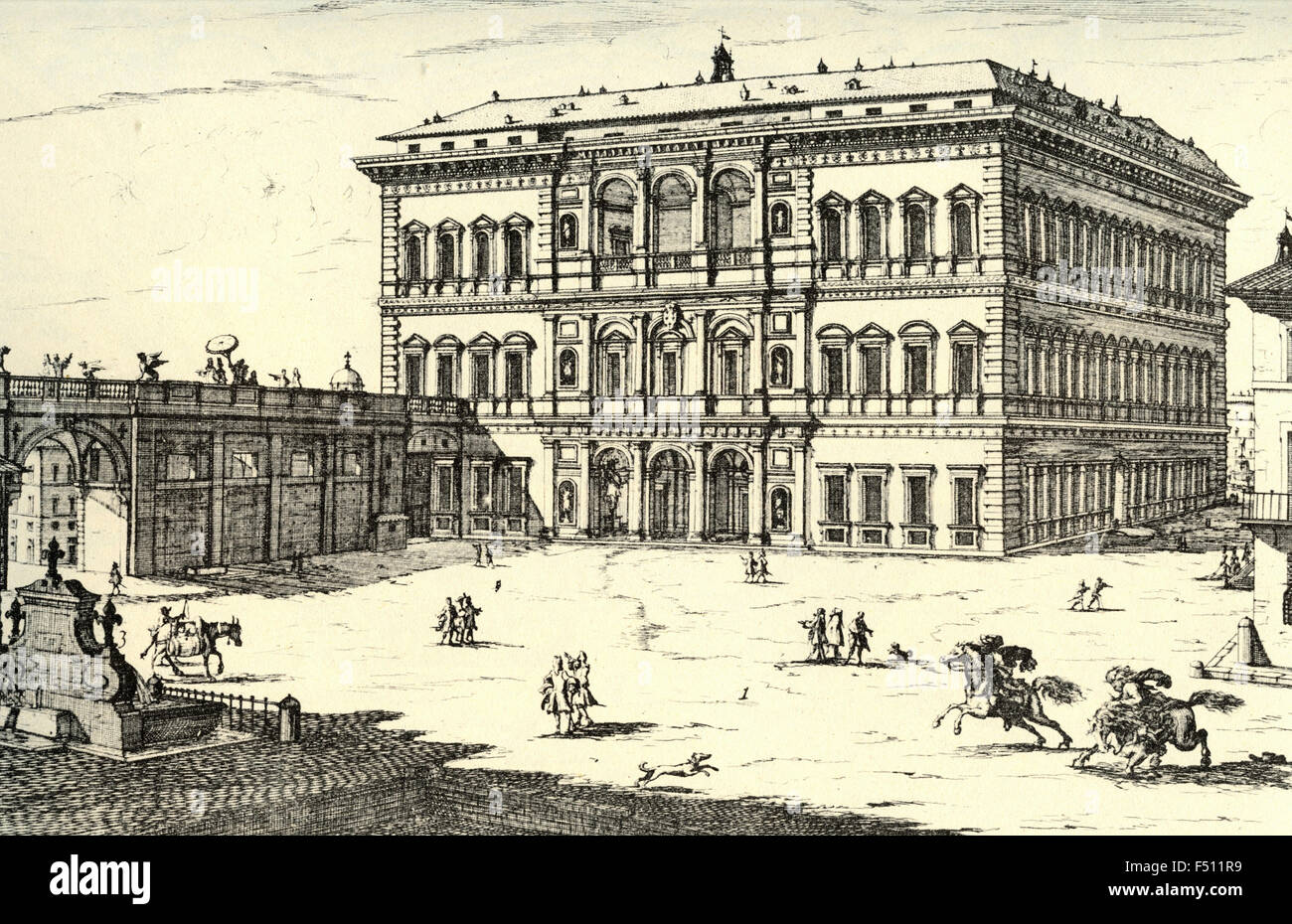 Abbildung des Palazzo Farnese in Richtung Strada Giulia mit dem Zusatz der Lodges, Rom, Italien Stockfoto