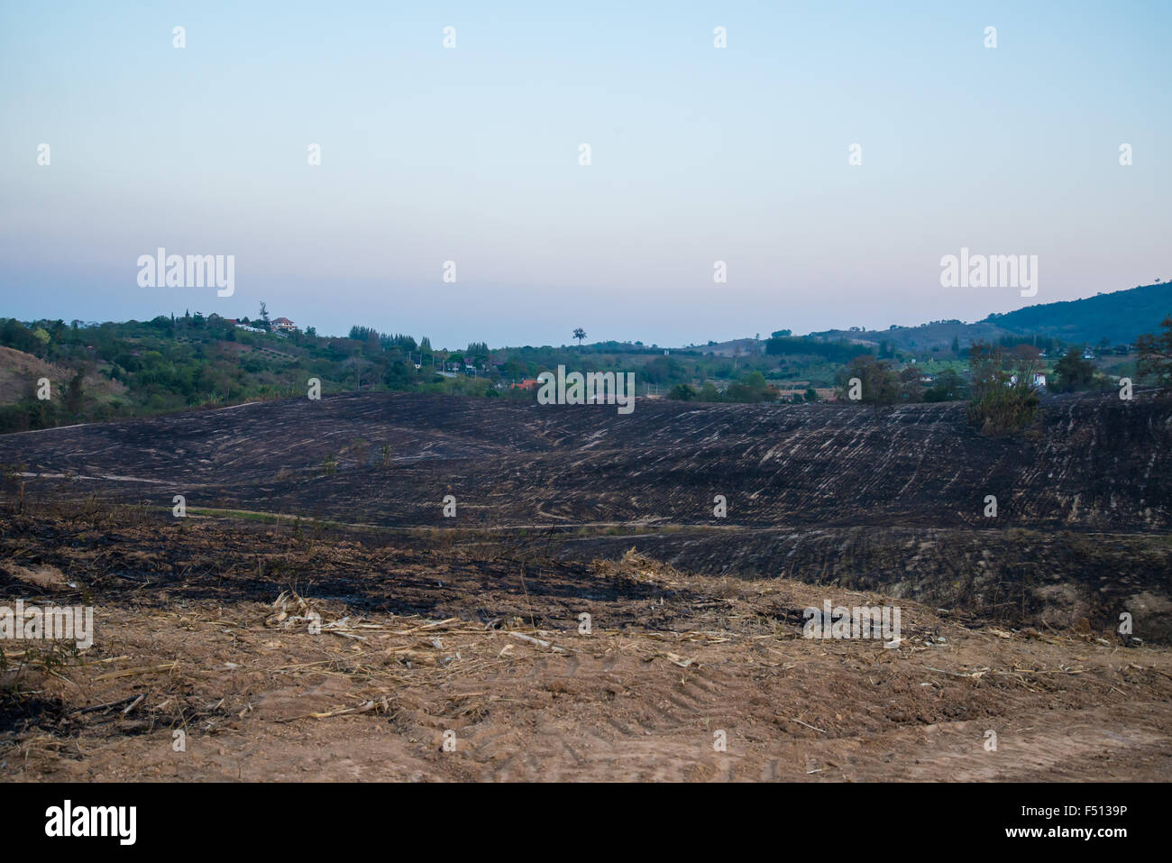 Der Berg war Feuer und Flamme für Landwirtschaft. Brennenden Berg Landnutzung. Stockfoto