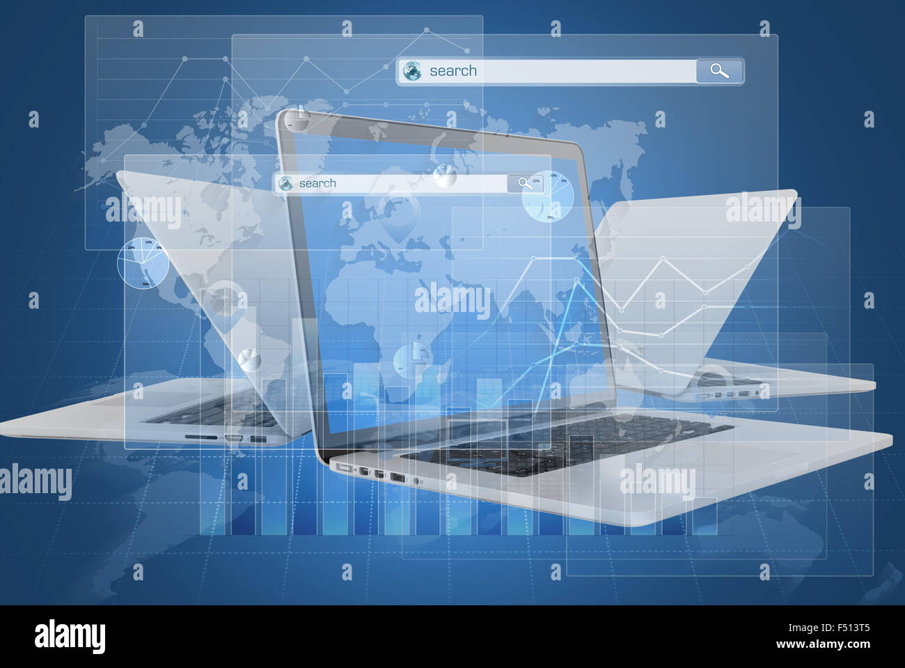 Laptop und Dialoge mit Suchmenü in das globale Netzwerk. Stockfoto