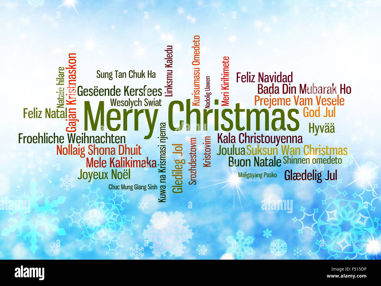 Weihnachten-Typografie: Frohe Weihnachten in vielen Sprachen geschrieben Stockfoto