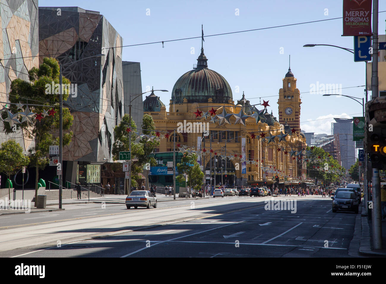 Der Bahnhof Flinders Street, Melbourne, Australien. Stockfoto