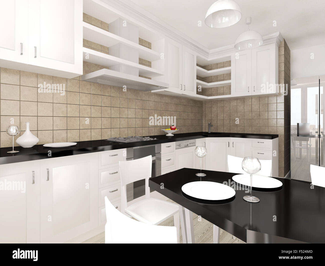 Modernes Interieur der Küche 3D Visualisierung Stockfoto