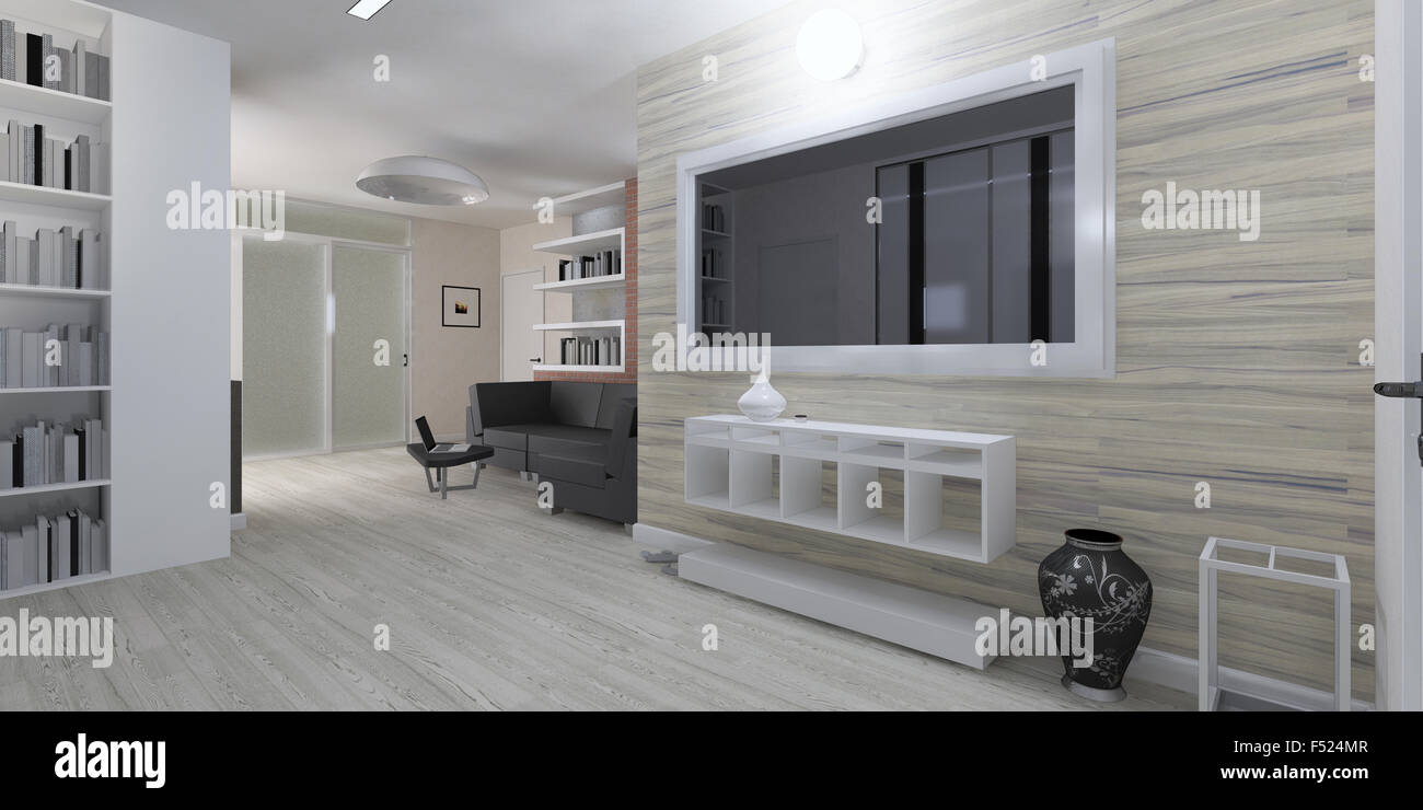 Modernes Interieur der Wohnzimmer-Visualisierung Stockfoto