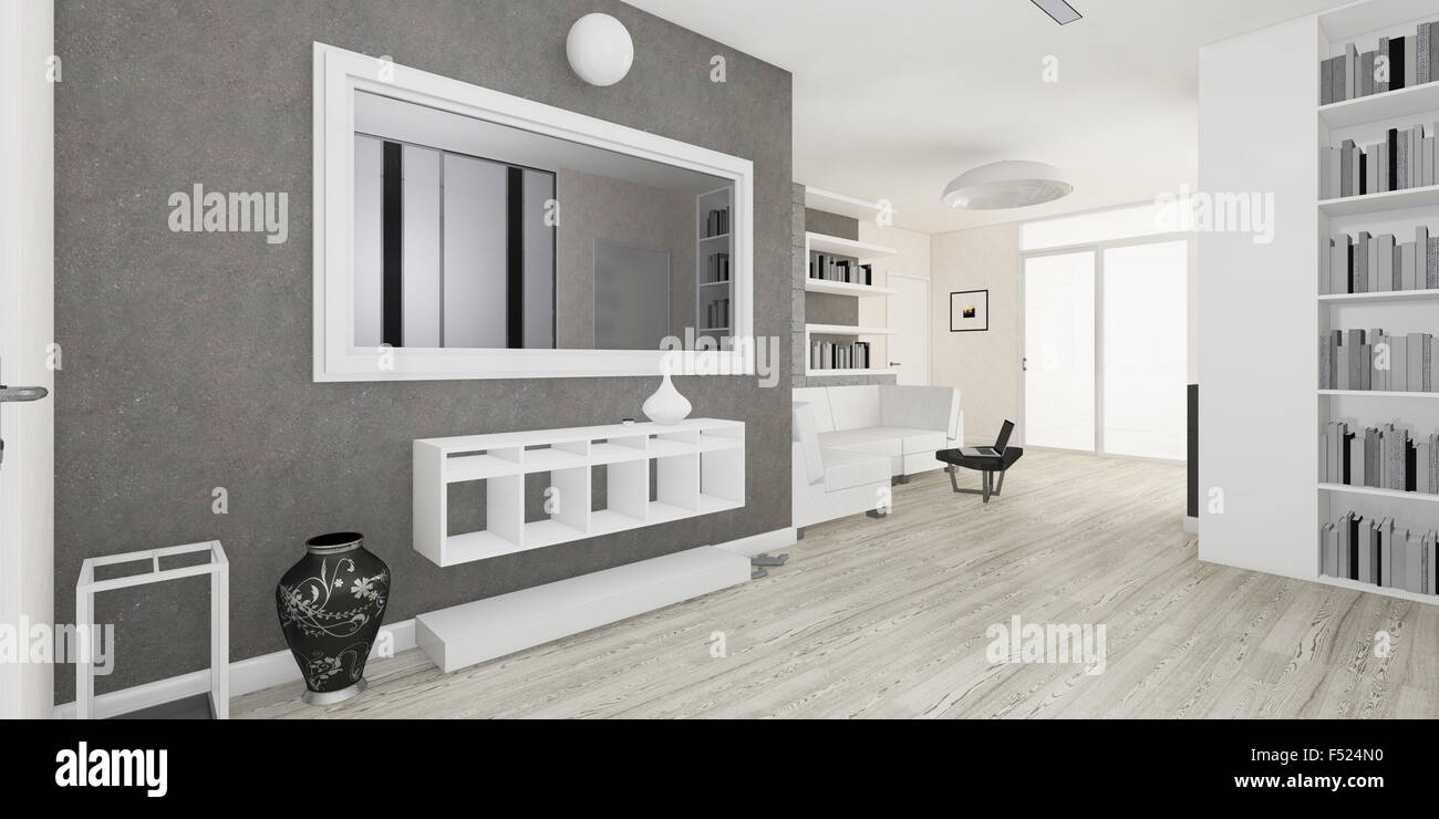Modernes Interieur der Wohnzimmer-Visualisierung Stockfoto