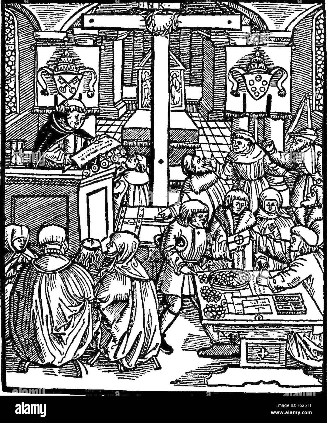 ABLÄSSE In diesem Stich aus dem 16. Jahrhundert der Priester am linken liest aus einer päpstlichen Schriftrolle mit hängenden versiegelt, während der Mann sitzt rechts das Geld nimmt und übergibt das Genuss-Dokument. Stockfoto
