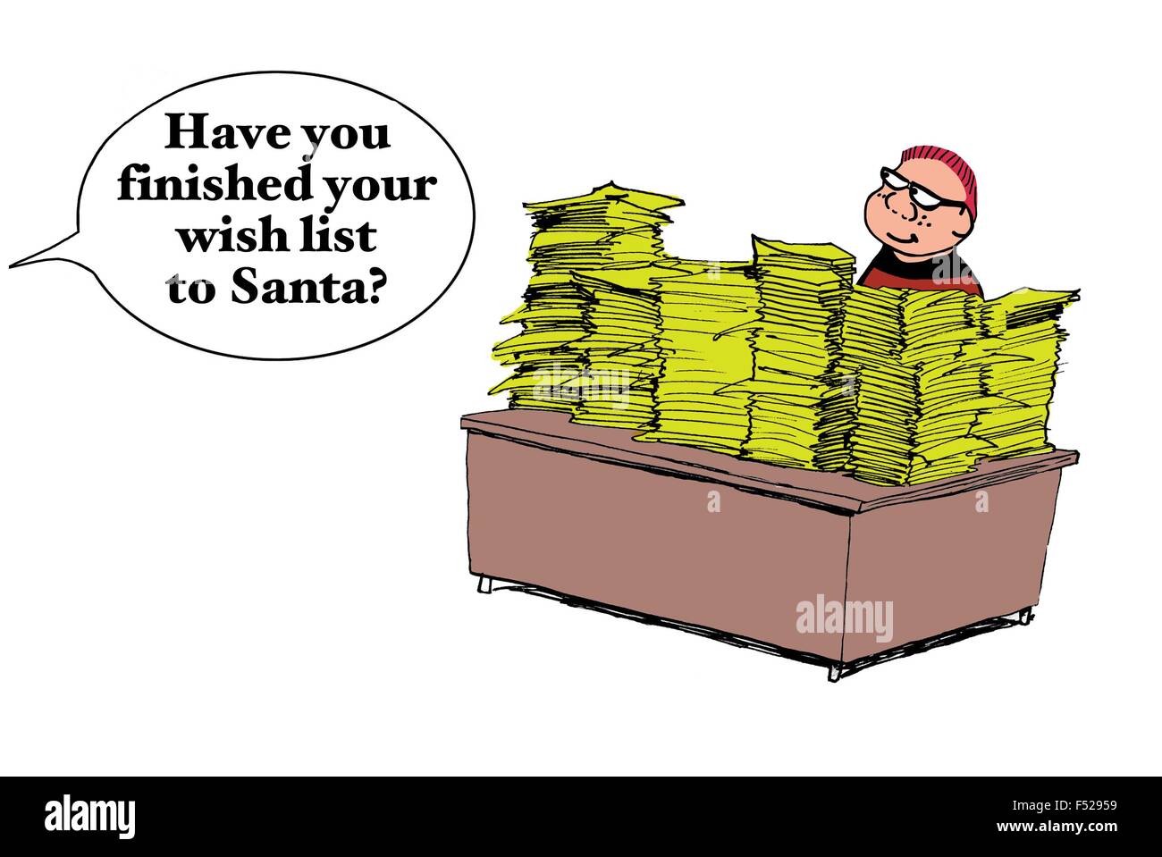 Weihnachten Cartoon Boy am Schreibtisch mit vielen Papieren. Mutter fragt: "haben Sie Ihren Wunschzettel an den Weihnachtsmann fertig?". Stockfoto