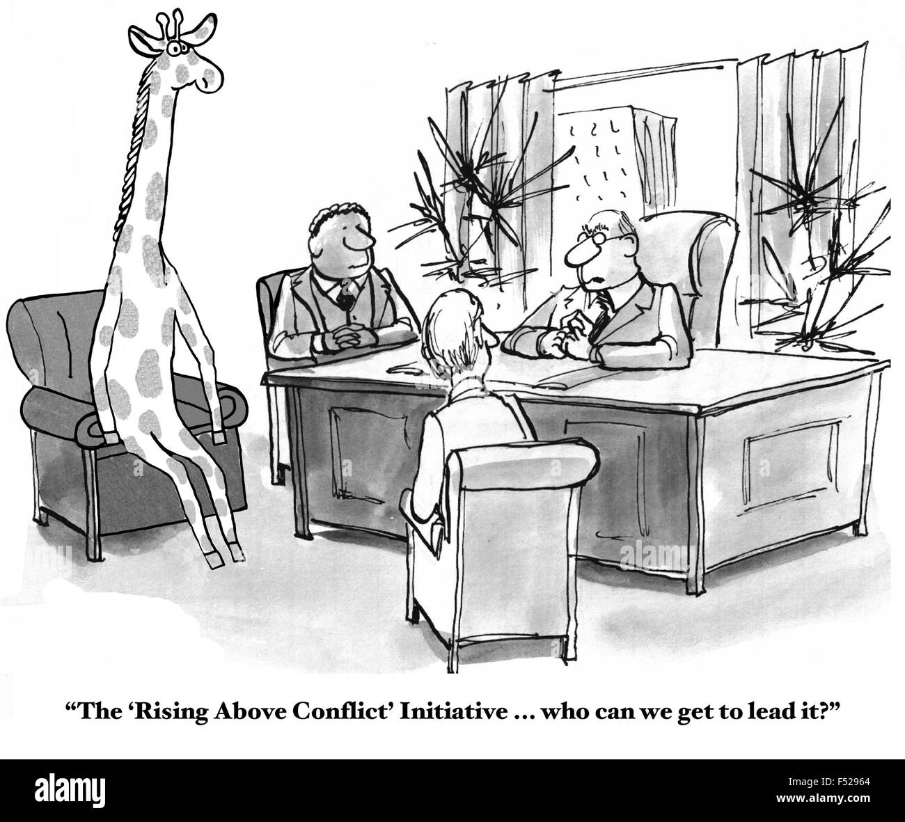 Business-Karikatur eines Meetings, einschließlich einer Giraffe "" Steigt über dem Konflikt"Initiative... Wer kann man zu führen?". Stockfoto
