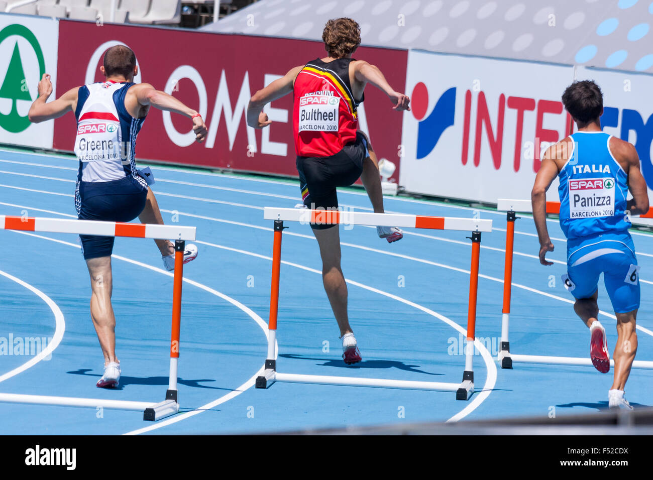 400 m Hürden m für Männer beim European Athletics Championships Barcelona 2010, 2010 in Barcelona, Spanien. Stockfoto