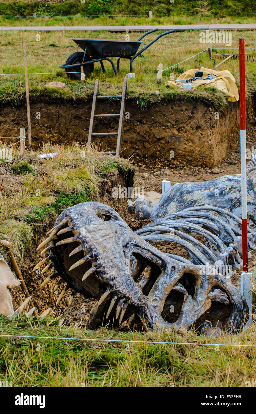 Modell einer frühen Fossiliengrube als Teil des Goodwood Revival Event 2015. Dinosaurier-Skelett-Regeneration Stockfoto