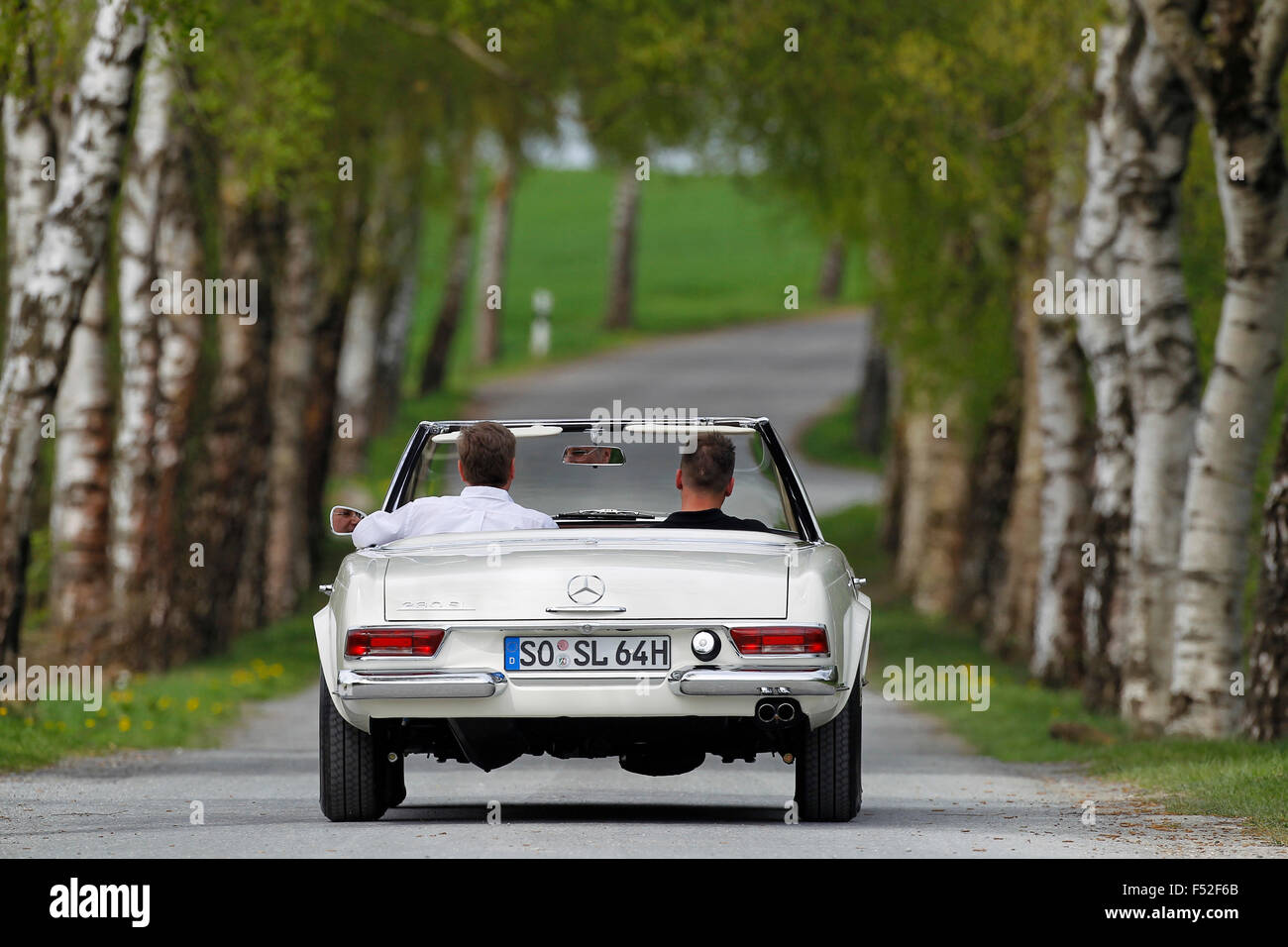 Auto, Mercedes Pagoda, Baujahr unbekannt, weiß, Vintage Bauwagen, Rückansicht, Umzug, Avenue, Stockfoto