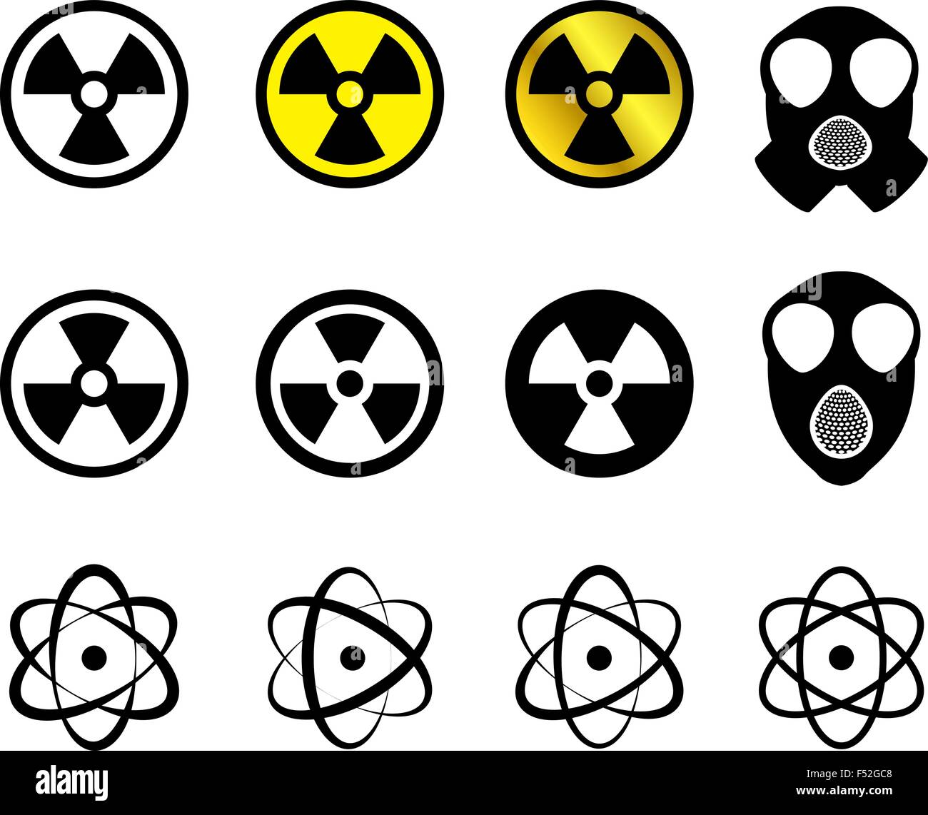 Satz von nuklearen Symbole in vielen Stil, Vektor Stock Vektor
