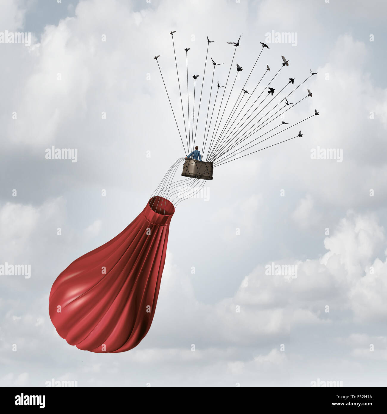 Business Team Lösung Konzept und Teamwork Erholung Symbol als Geschäftsmann in einer entleerten gebrochen roten Heißluftballon gerettet und gerettet von einer Gruppe von fliegenden Vögel ziehen das Objekt nach oben mit Drähten. Stockfoto