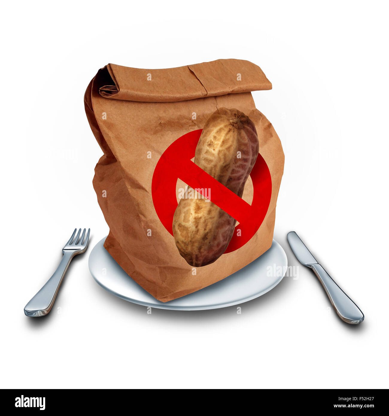 Mittagessen-Allergie Schulkonzept als eine braune Tasche mit einer Erdnuss free-Symbol als Gefahr für die Gesundheit und Abteilung der Bildungspolitik Menü als eine allergische Student Sicherheitsproblem. Stockfoto